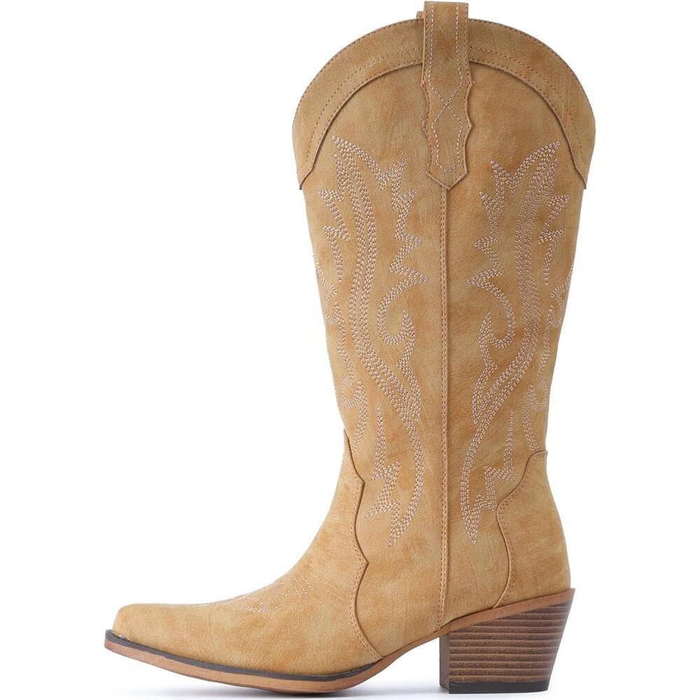 Women's Yellow Chunky Heel Mid Calf Snip Toe Western Elegance Embroidery Boots - Picture 5 of 6